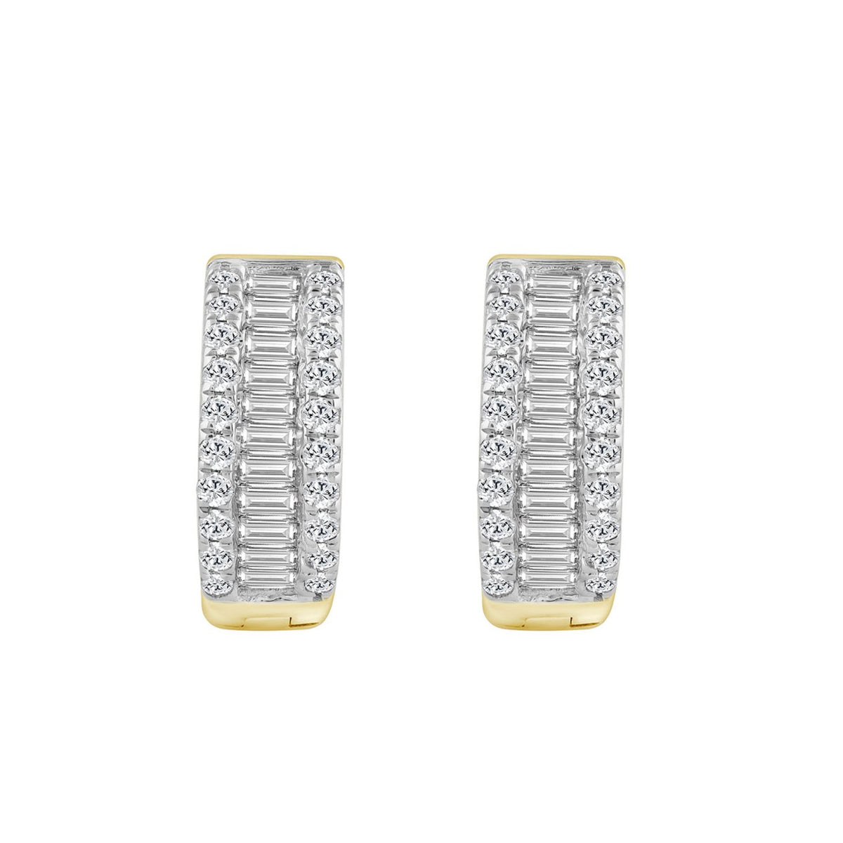LADIES HOOP EARRINGS 0.40CT ROUND/BAGUETTE DIAMOND 14K YELLOW GOLD 