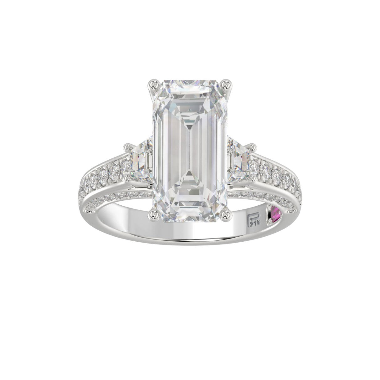 21K PLATINUM LADIES RING WITH 4.00CT TRAPEZOID/ROUND/EMERALD/BAGUETTE DIAMONDS (CENTER STONE EMERALD DIAMOND 3CT)