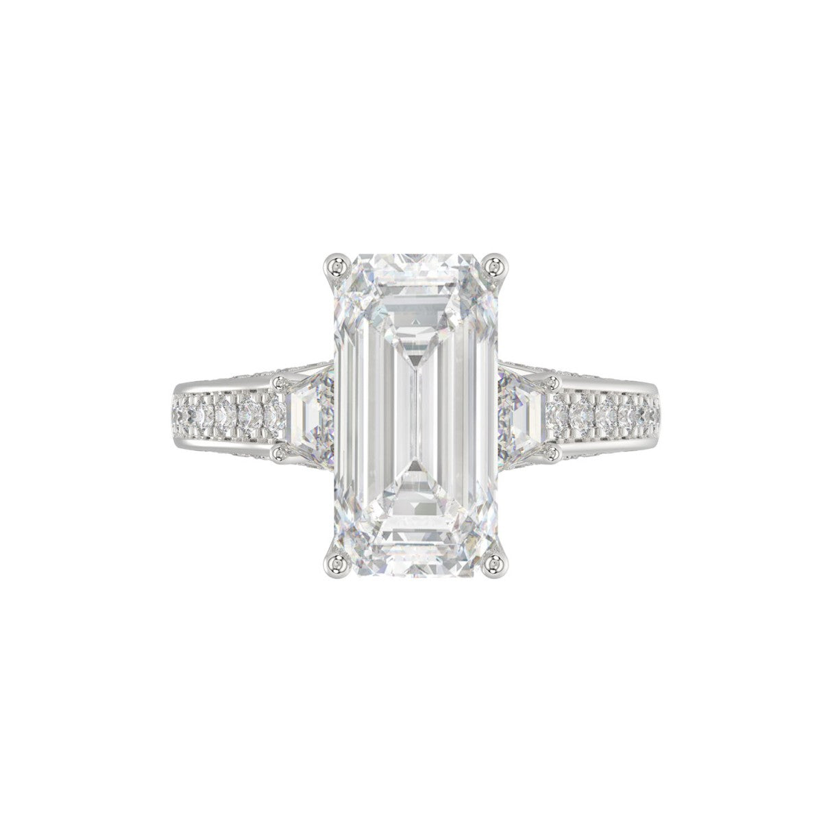 21K PLATINUM LADIES RING WITH 4.00CT TRAPEZOID/ROUND/EMERALD/BAGUETTE DIAMONDS (CENTER STONE EMERALD DIAMOND 3CT)