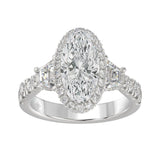 14K White Gold Halo Engagement Ring with Side Stones, 3 1/4CT Round, Baguette,Trapezoid Diamond & 2.00CT Oval Center stone (Color F-G -Clarity VS1/VS2)