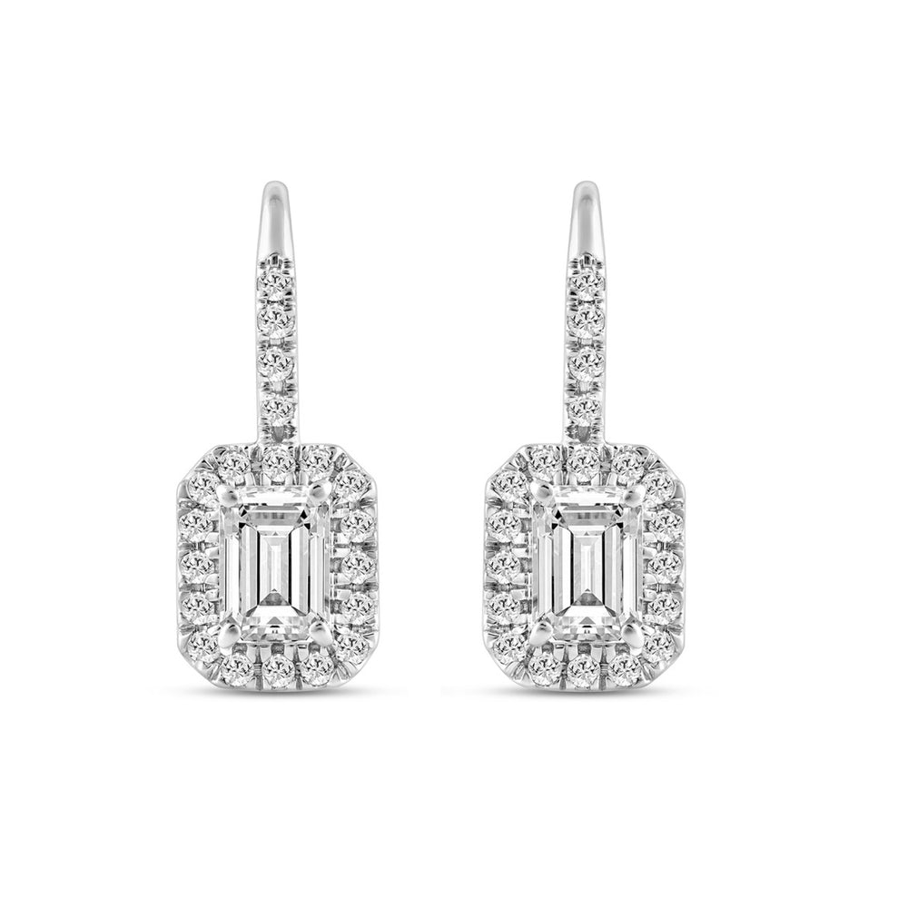 LADIES EARRINGS 1 1/4CT ROUND/EMERALD DIAMOND 14K WHITE GOLD
