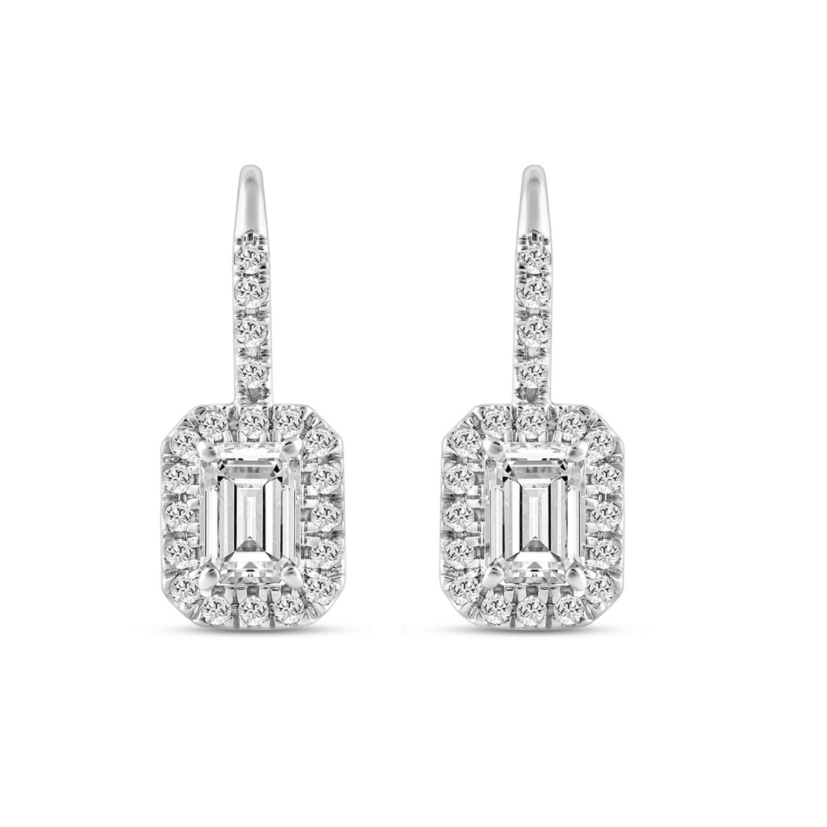 LADIES EARRINGS 1 1/4CT ROUND/EMERALD DIAMOND 14K WHITE GOLD