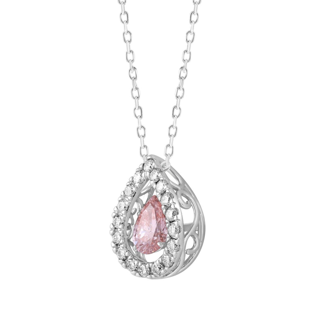 LADIES PENDANT WITH CHAIN 3/4CT ROUND/PEAR DIAMOND 14K WHITE GOLD (CENTER STONE PINK PEAR DIAMOND 1/2CT)