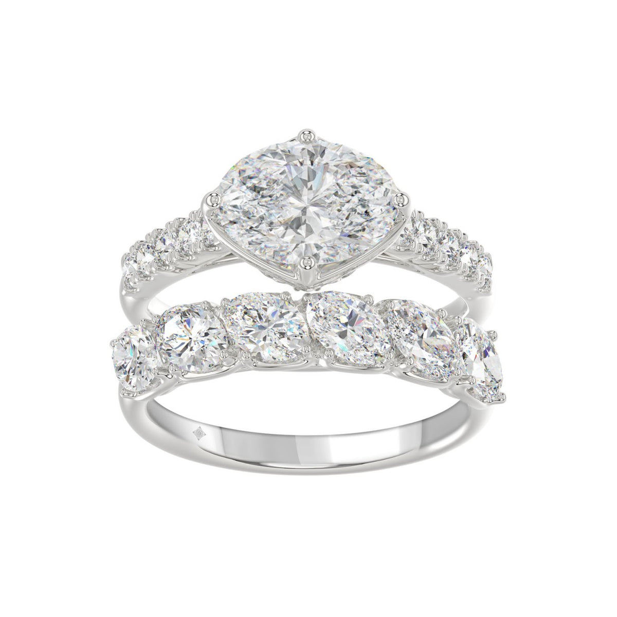 Ladies 14K White Gold Ladies Elegance- Bridal Set  3 3/4CT Round & Oval Diamonds 2.00CT Oval Center stone (Color F-G -Clarity VS1/VS2)