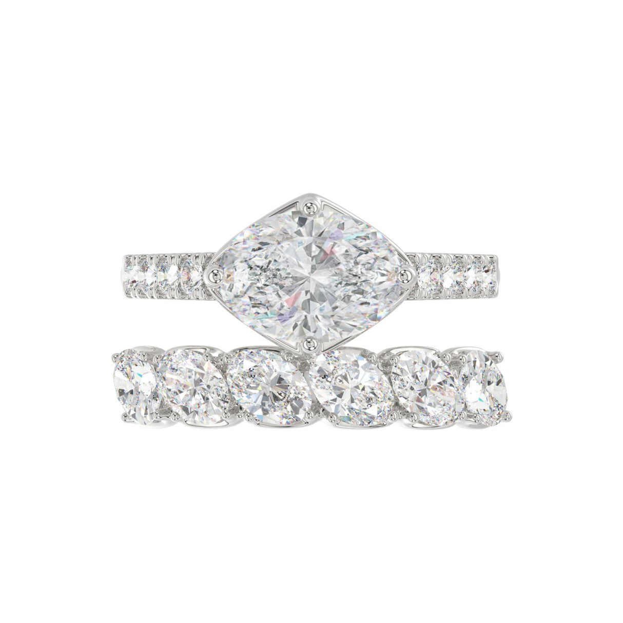 Ladies 14K White Gold Ladies Elegance- Bridal Set  3 3/4CT Round & Oval Diamonds 2.00CT Oval Center stone (Color F-G -Clarity VS1/VS2)