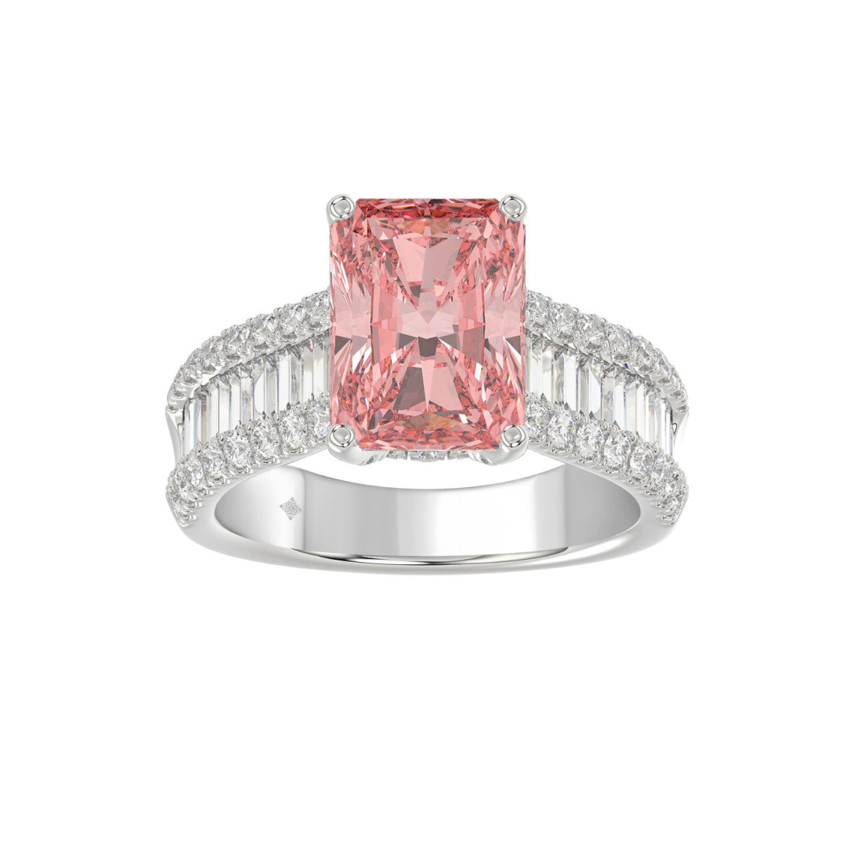 ETERNAL BLUSH COLLECTION 14K WHITE GOLD 4.00CT ROUND / BAGUETTE &amp; PINK RADIANT DIAMOND LADIES RING  (CENTER STONE PINK RADIANT DIAMOND 3CT)