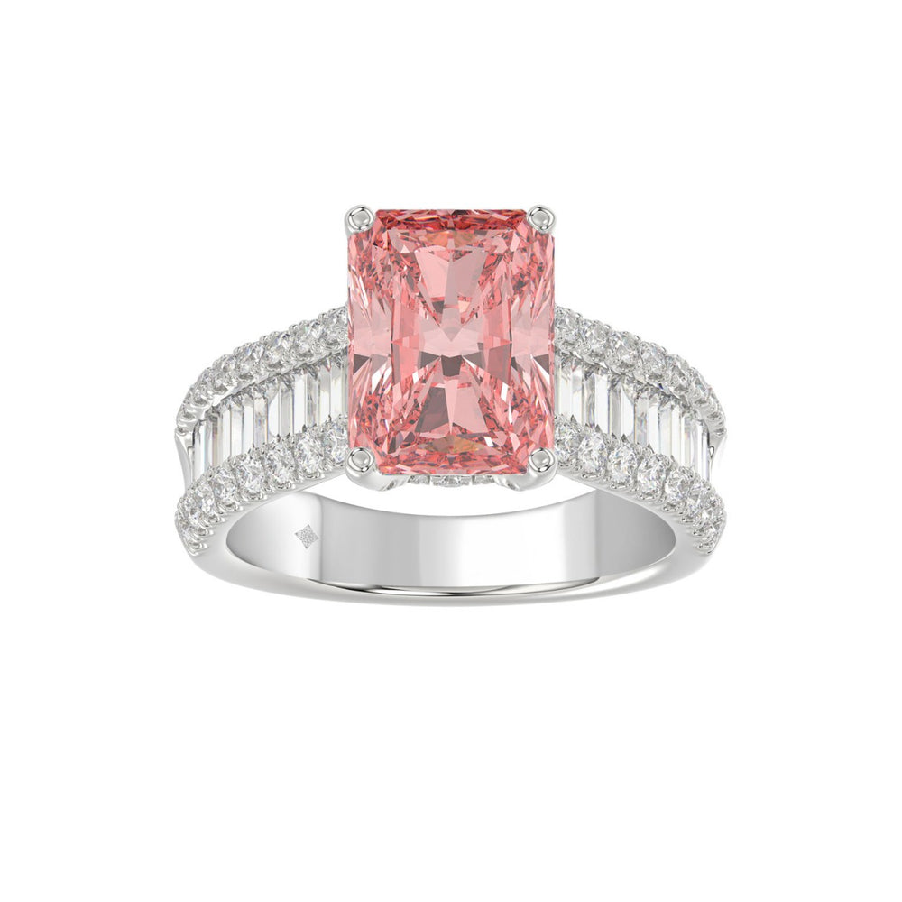 ETERNAL BLUSH COLLECTION 14K WHITE GOLD 4.00CT ROUND / BAGUETTE &amp; PINK RADIANT DIAMOND LADIES RING  (CENTER STONE PINK RADIANT DIAMOND 3CT)