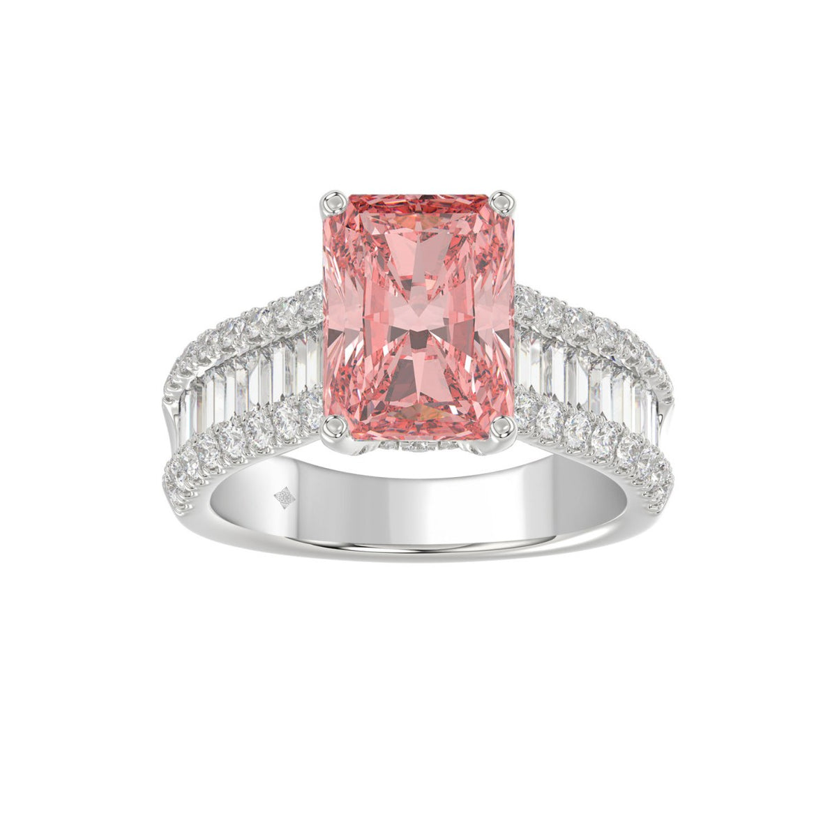 ETERNAL BLUSH COLLECTION 14K WHITE GOLD 4.00CT ROUND / BAGUETTE &amp; PINK RADIANT DIAMOND LADIES RING  (CENTER STONE PINK RADIANT DIAMOND 3CT)