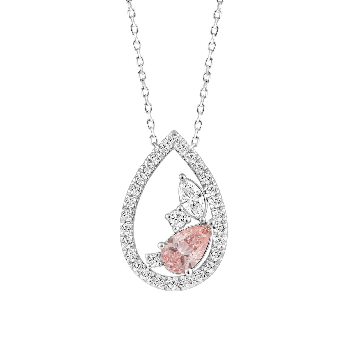 ETERNAL BLUSH COLLECTION 14K WHITE GOLD 1.00CT ROUND & MARQUISE /PINK PEAR DIAMOND LADIES NECKLACE