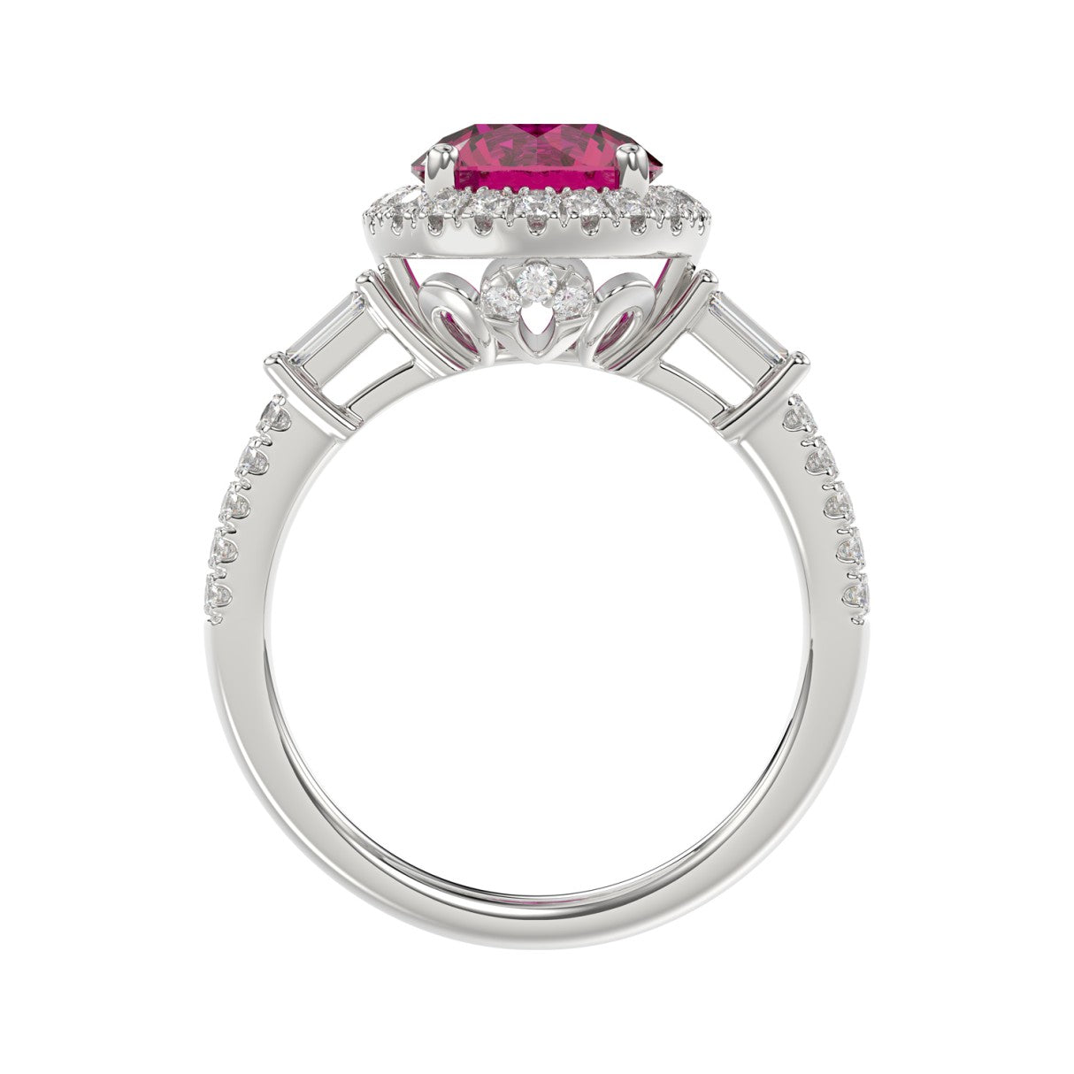 14K WHITE GOLD 2 1/2CT ROUND/BAGUETTE DIAMOND LADIES RING (CENTER STONE ROUND RUBY DIAMOND 2CT)