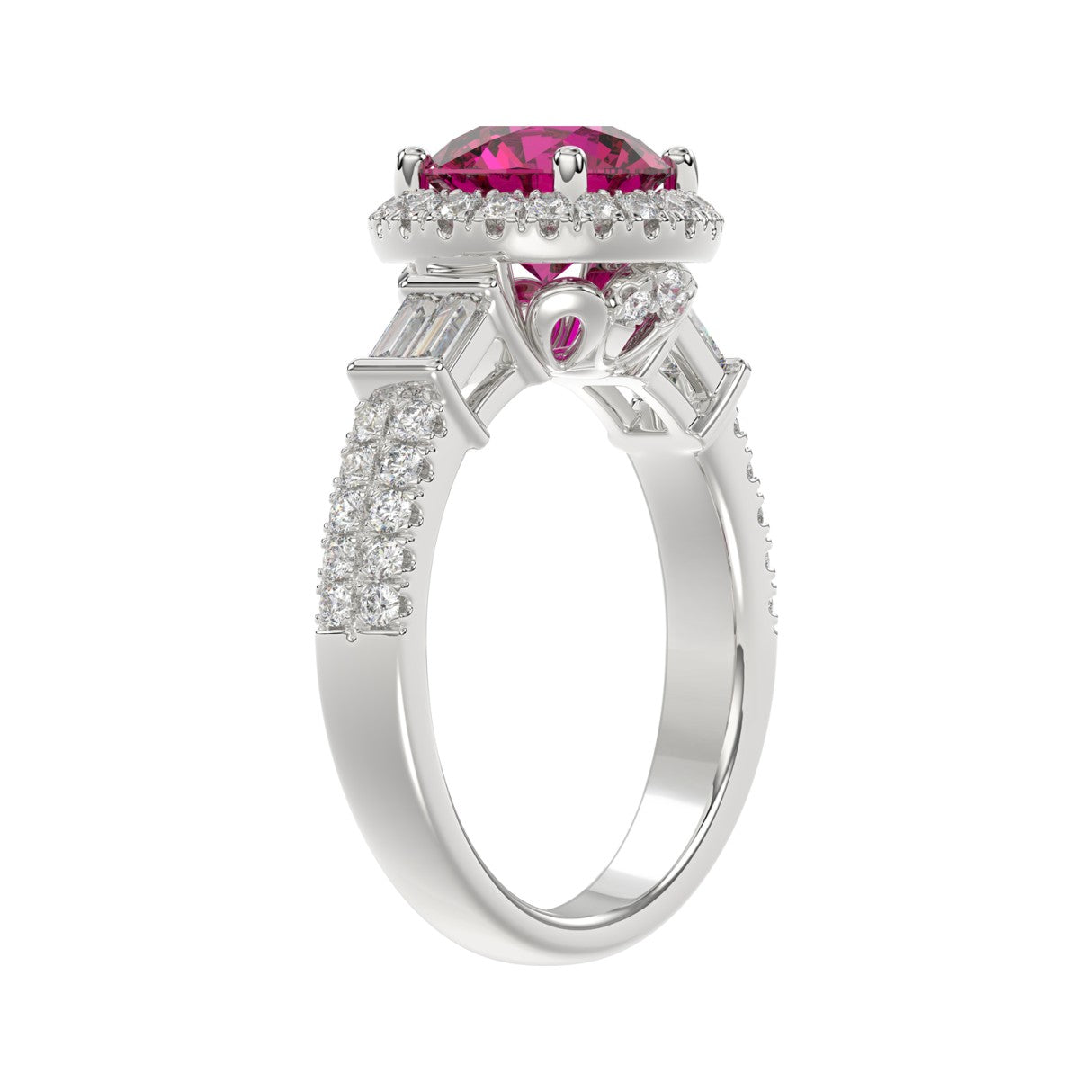 14K WHITE GOLD 2 1/2CT ROUND/BAGUETTE DIAMOND LADIES RING (CENTER STONE ROUND RUBY DIAMOND 2CT)