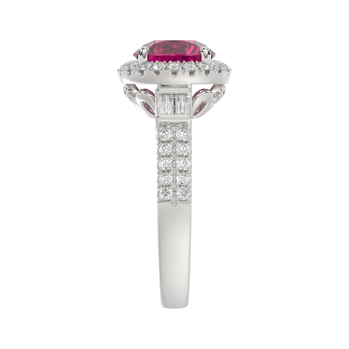 14K WHITE GOLD 2 1/2CT ROUND/BAGUETTE DIAMOND LADIES RING (CENTER STONE ROUND RUBY DIAMOND 2CT)