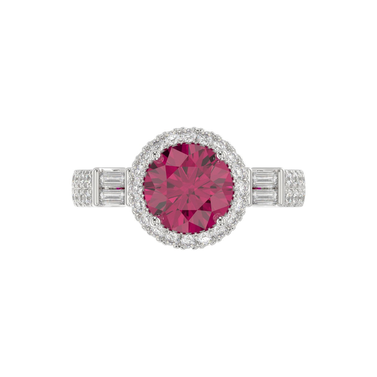14K WHITE GOLD 2 1/2CT ROUND/BAGUETTE DIAMOND LADIES RING (CENTER STONE ROUND RUBY DIAMOND 2CT)