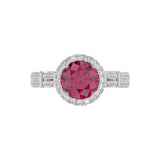 14K WHITE GOLD 2 1/2CT ROUND/BAGUETTE DIAMOND LADIES RING (CENTER STONE ROUND RUBY DIAMOND 2CT)