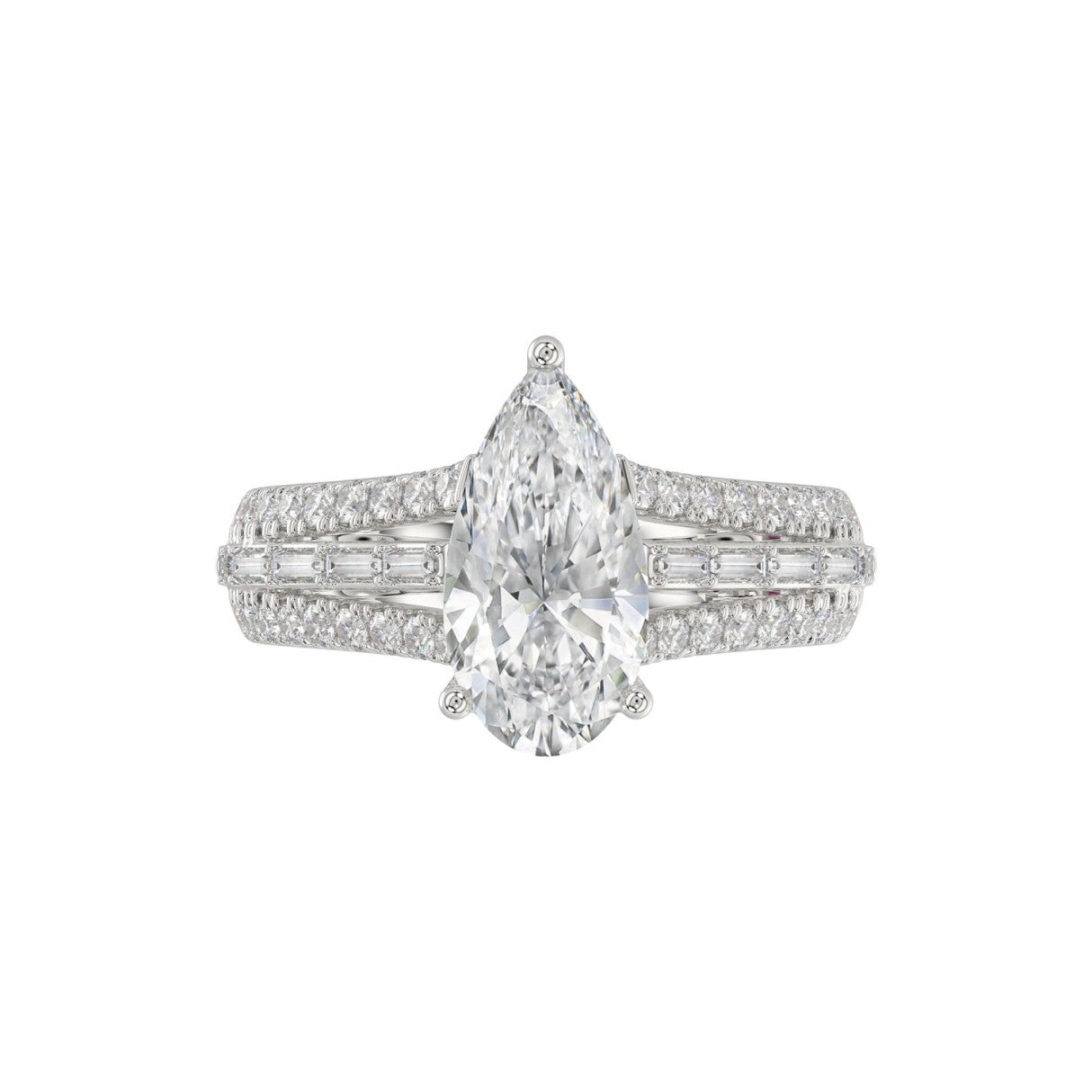 21K PLATINUM LADIES RING 2 3/4CT ROUND/BAGUETTE/PEAR DIAMOND (CENTER STONE PEAR DIAMOND 2CT)