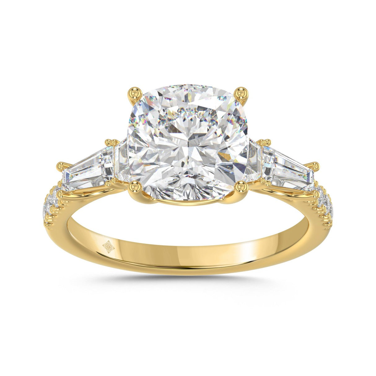 14K YELLOW GOLD 4.00CT ROUND/CUSHION/TRAPEZOID/HALF TAPER BAGUETTE DIAMOND LADIES RING (CENTER STONE CUSHION DIAMOND 3CT)