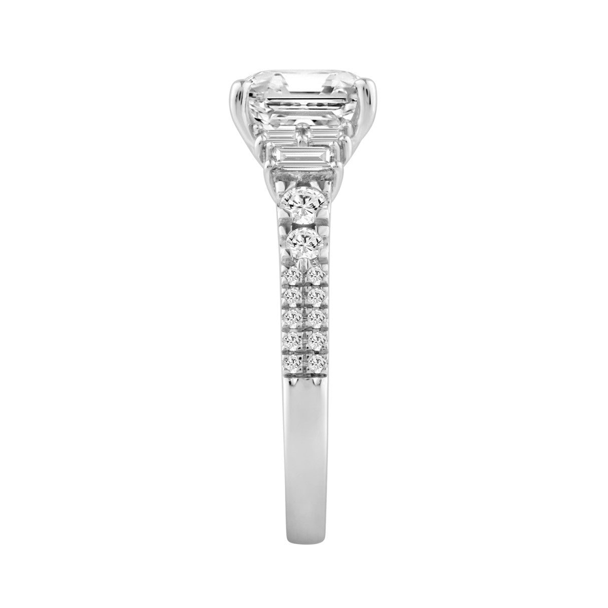 14K WHITE GOLD 2 1/2CT ROUND/CUSHION/BAGUETTE DIAMOND LADIES RING (CENTER STONE CUSHION DIAMOND 2CT)