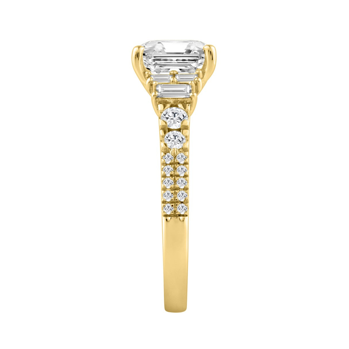 14K YELLOW GOLD 2 1/2CT ROUND/CUSHION/BAGUETTE DIAMOND LADIES RING (CENTER STONE CUSHION DIAMOND 2CT)