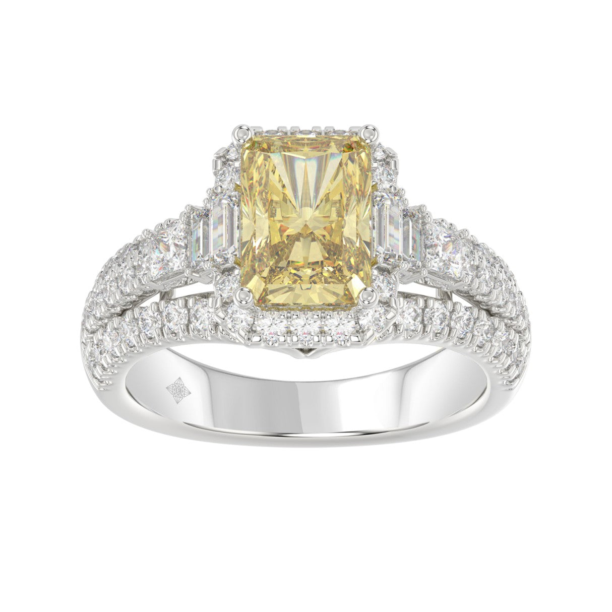 14K WHITE GOLD 3.00CT ROUND/BAGUETTE/YELLOW RADIANT DIAMOND LADIES RING (CENTER STONE RADIANT YELLOW DIAMOND 2.00CT)
