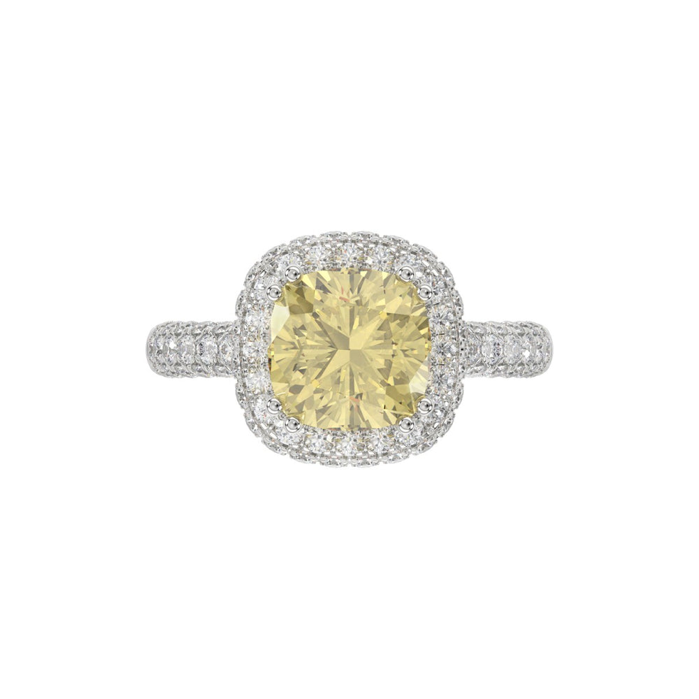 14K WHITE GOLD  4.00CT ROUND/YELLOW CUSHION DIAMOND LADIES RING (CENTER STONE CUSHION YELLOW DIAMOND 3.00CT)