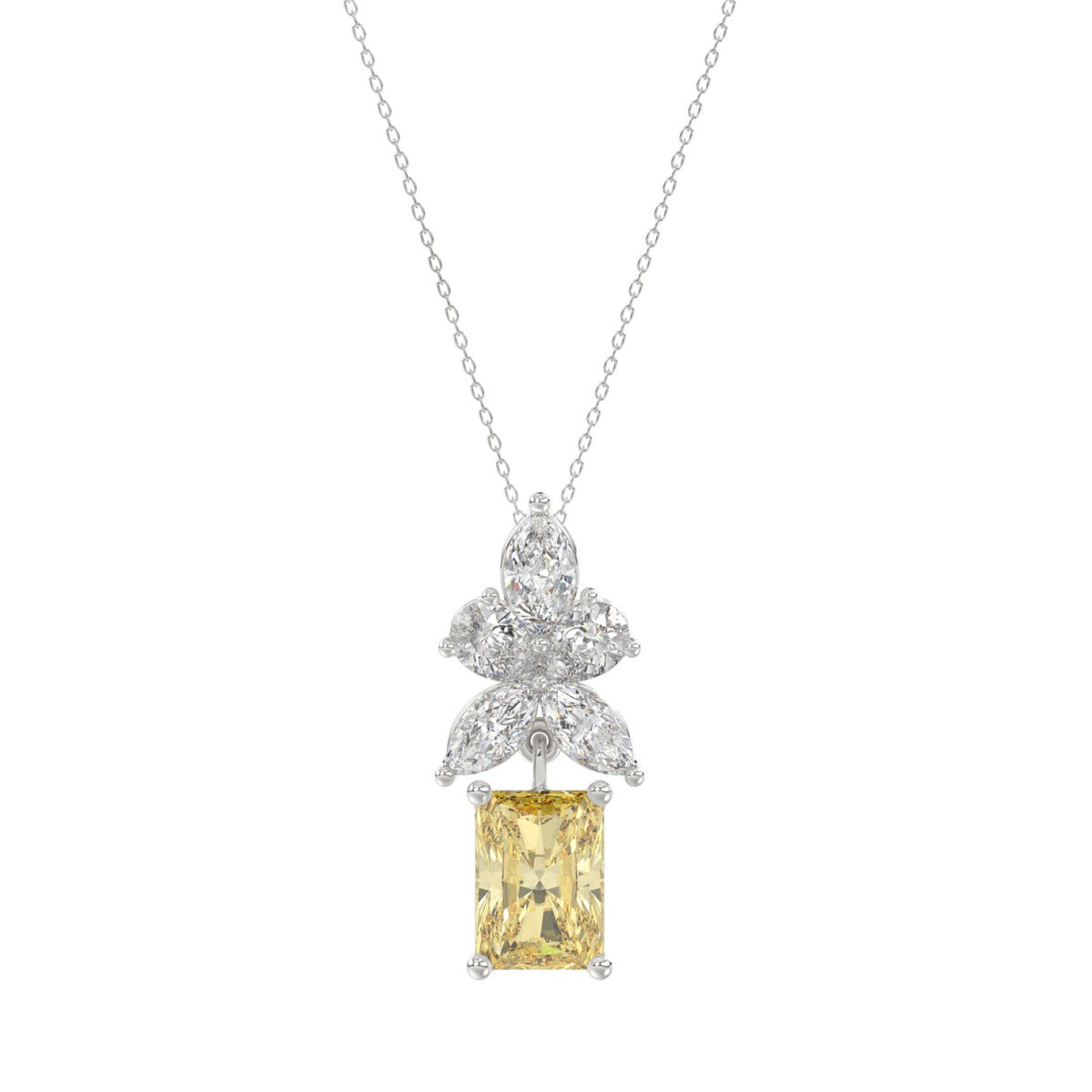 14K WHITE/YELLOW GOLD 2 1/4CT PEAR/MARQUISE/RADIANT DIAMOND LADIES PENDANT WITH CHAIN (CENTER STONE YELLOW RADIANT DIAMOND 1 1/2CT)