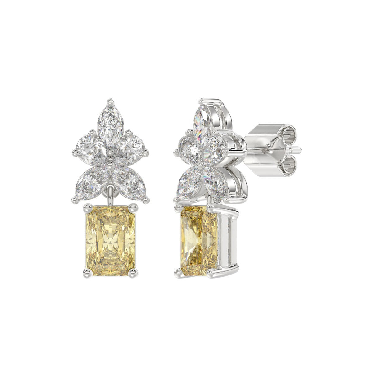 14K WHITE/YELLOW GOLD 3.00CT PEAR/MARQUISE/YELLOW RADIANT DIAMOND LADIES EARRING  (CENTER STONE RADIANT DIAMOND 1CT)