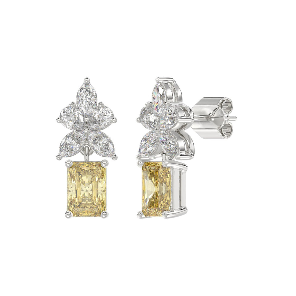14K WHITE GOLD 3.00CT PEAR/MARQUISE/YELLOW RADIANT DIAMOND LADIES EARRING (CENTER STONE RADIANT DIAMOND 1CT)