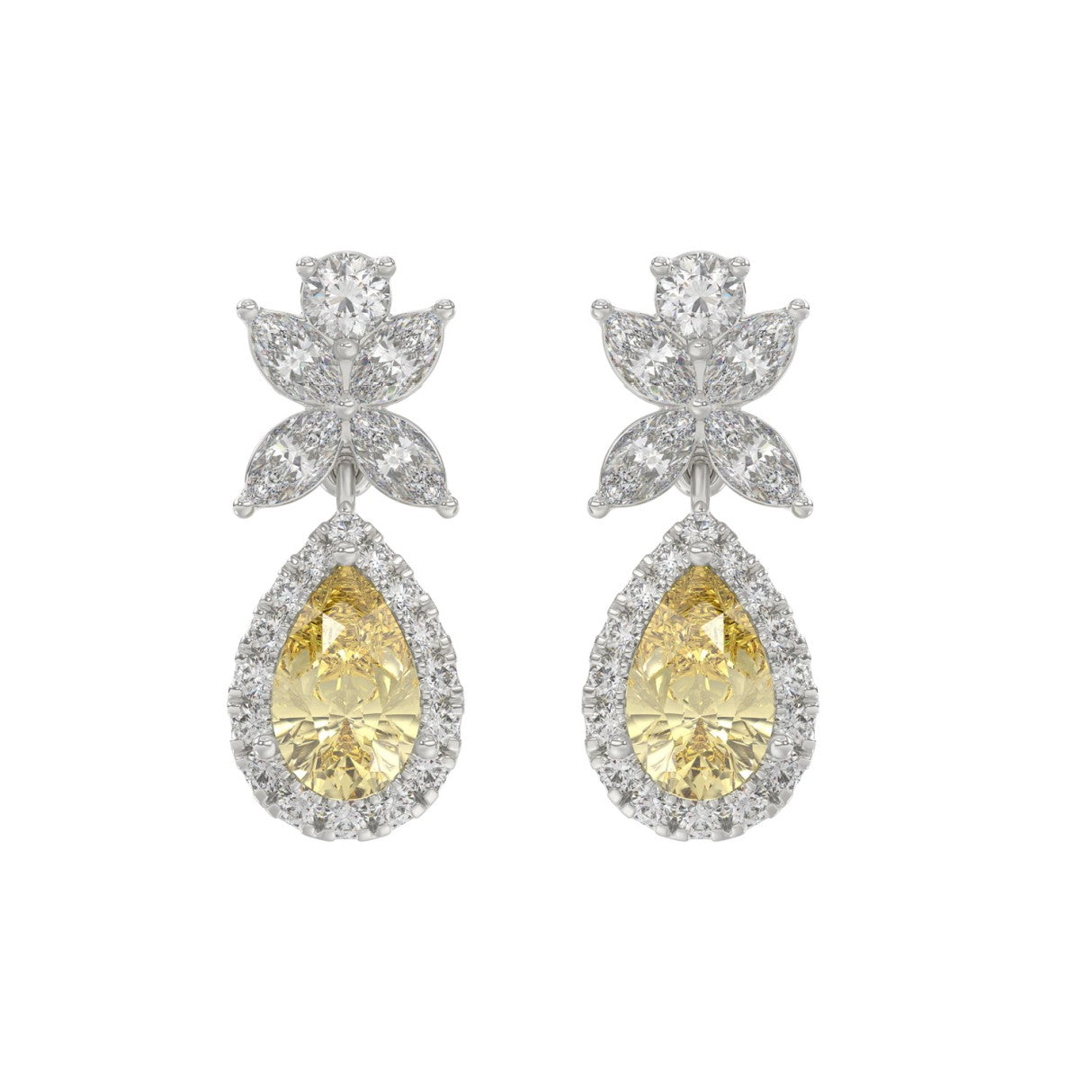 14K WHITE GOLD 3 1/2CT ROUND/YELLOW PEAR/MARQUISE DIAMOND LADIES EARRINGS