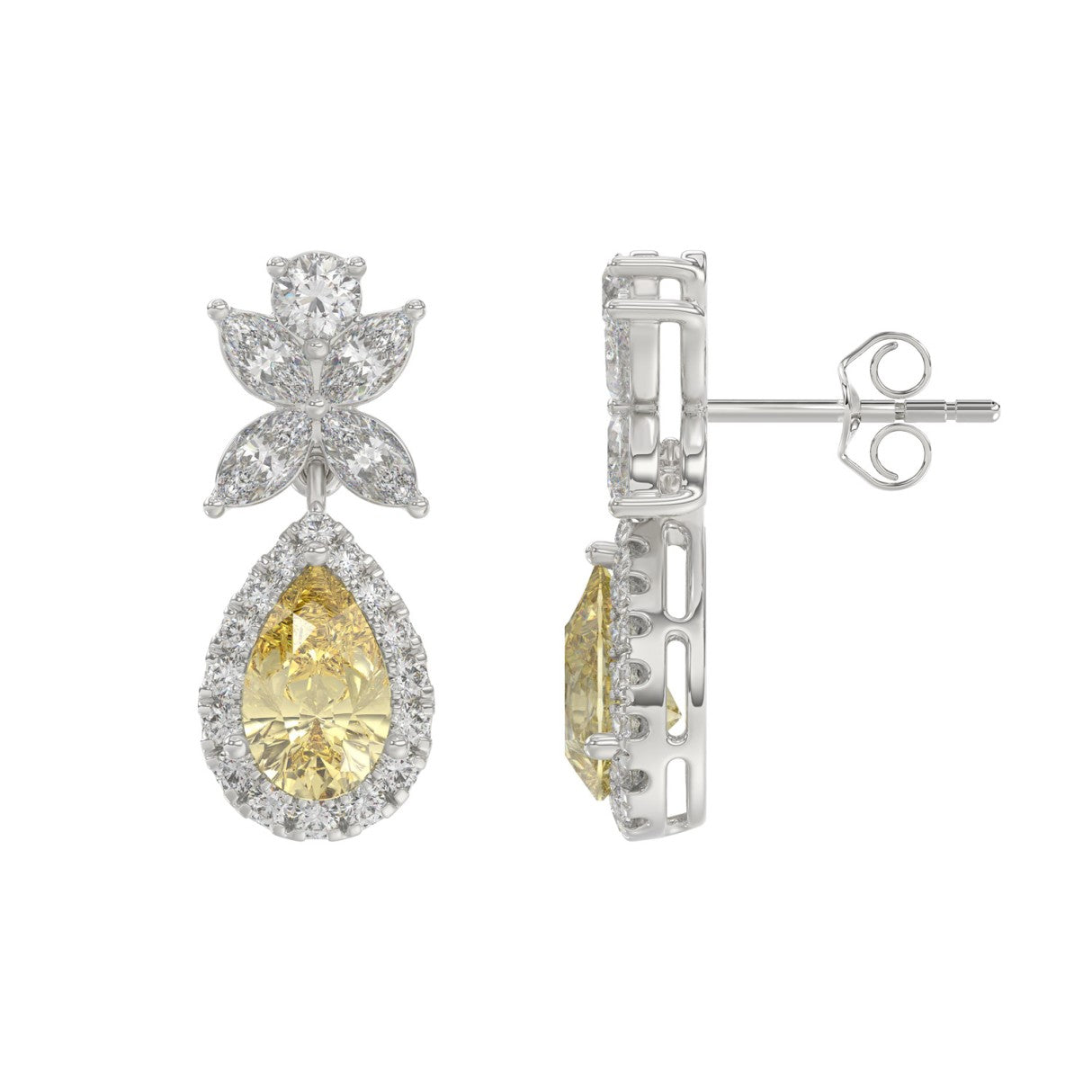 14K WHITE GOLD 3 1/2CT ROUND/YELLOW PEAR/MARQUISE DIAMOND LADIES EARRINGS
