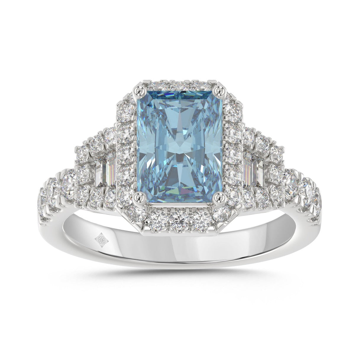 14K WHITE GOLD 2 3/4CT ROUND/BAGUETTE/RADIANT DIAMOND LADIES RING (CENTER STONE BLUE RADIANT DIAMOND 2.00CT)