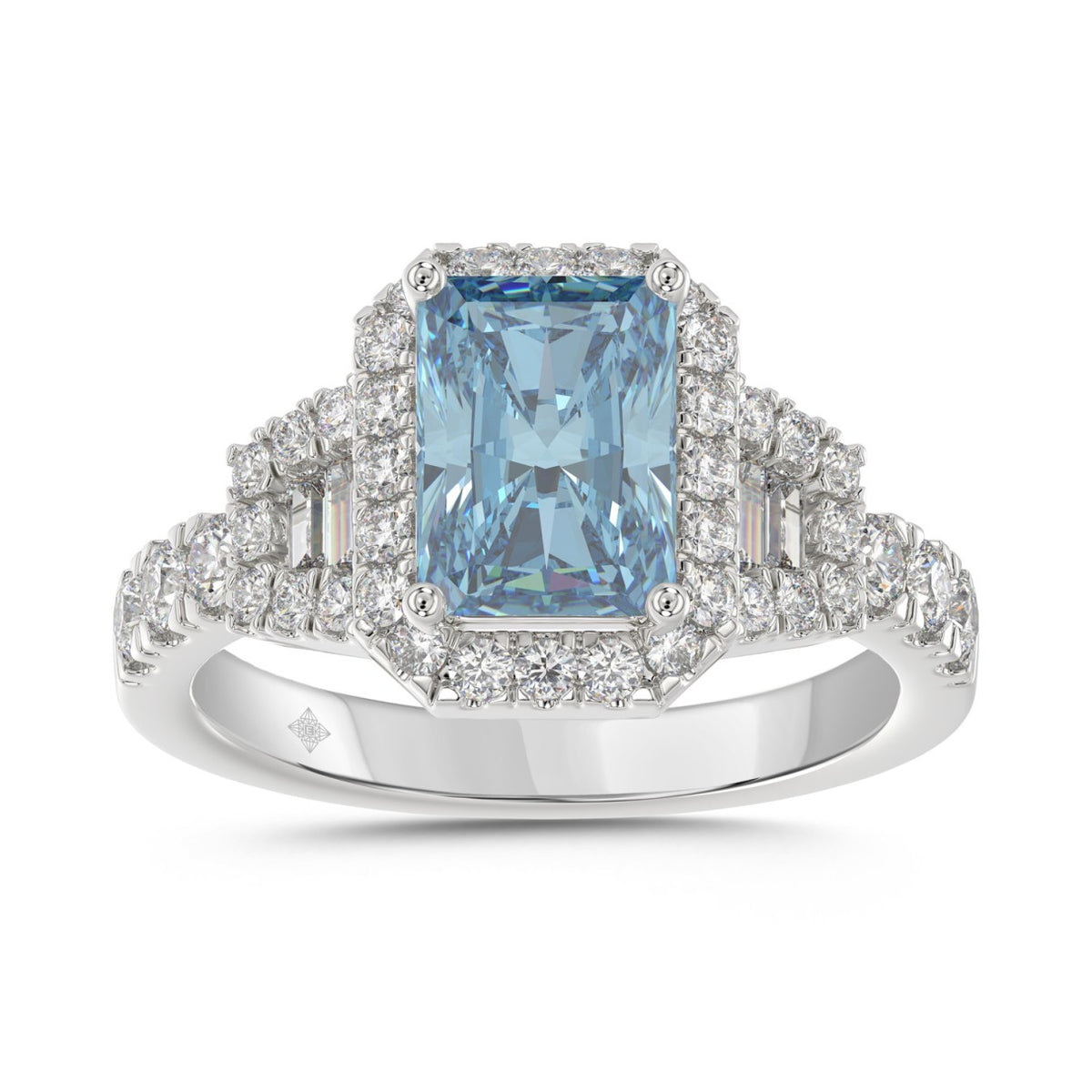 14K WHITE GOLD 2 3/4CT ROUND/BAGUETTE/RADIANT DIAMOND LADIES RING (CENTER STONE BLUE RADIANT DIAMOND 2.00CT)