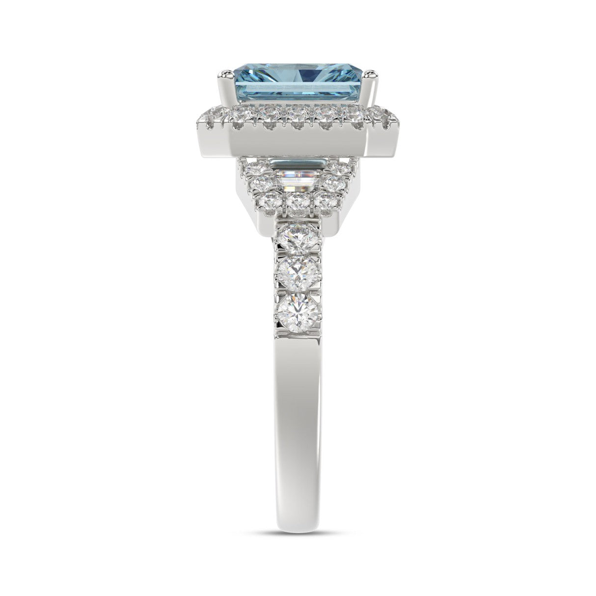 14K WHITE GOLD 2 3/4CT ROUND/BAGUETTE/RADIANT DIAMOND LADIES RING (CENTER STONE BLUE RADIANT DIAMOND 2.00CT)