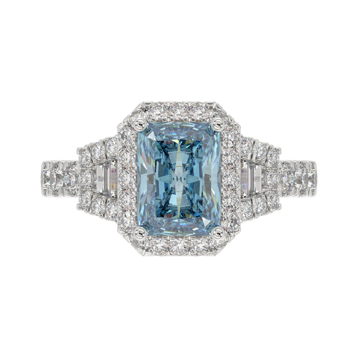 14K WHITE GOLD 2 3/4CT ROUND/BAGUETTE/RADIANT DIAMOND LADIES RING (CENTER STONE BLUE RADIANT DIAMOND 2.00CT)