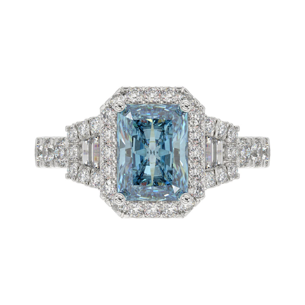 14K WHITE GOLD 2 3/4CT ROUND/BAGUETTE/RADIANT DIAMOND LADIES RING (CENTER STONE BLUE RADIANT DIAMOND 2.00CT)