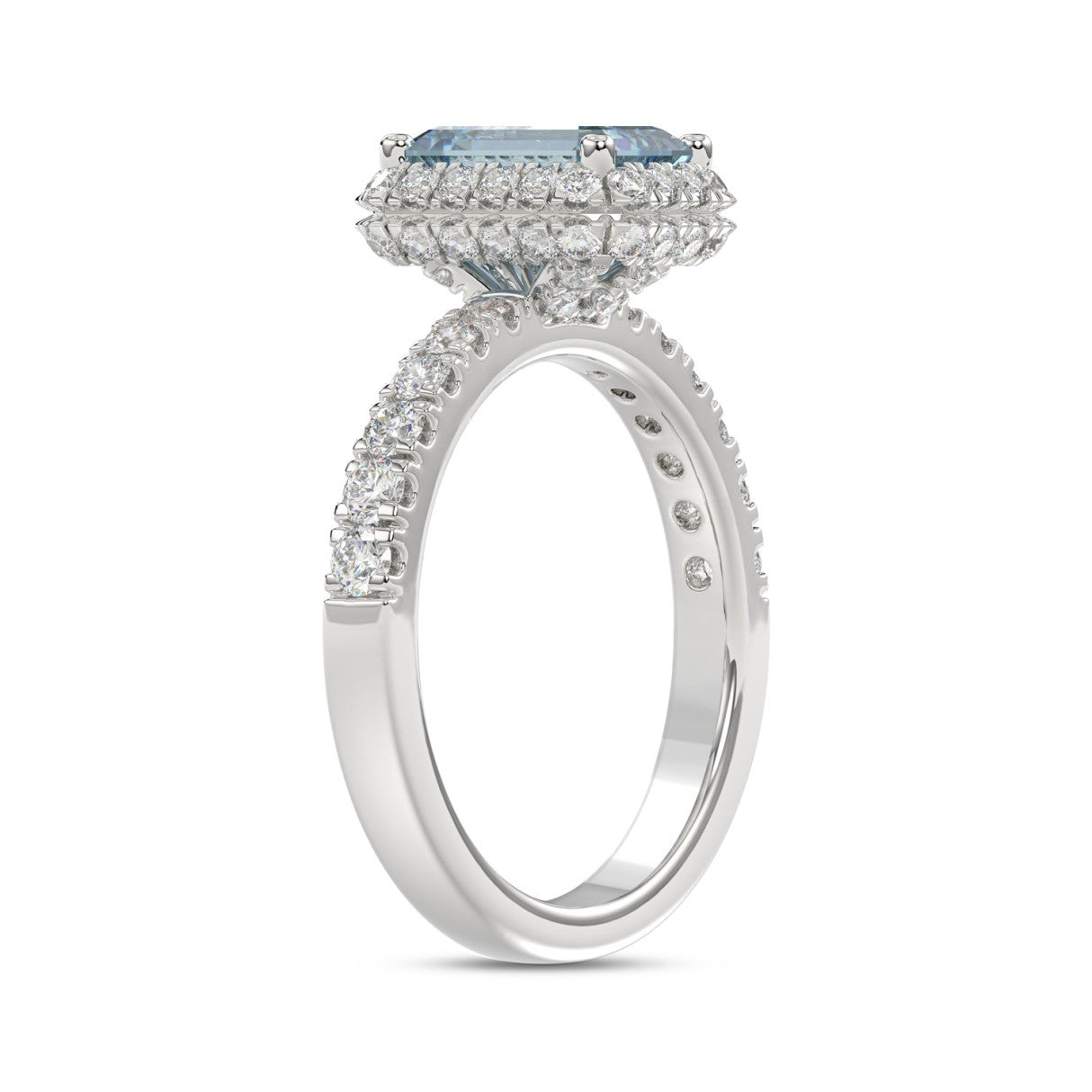 14K WHITE GOLD 1.00CT ROUND/EMERALD DIAMOND LADIES RING (CENTER STONE BLUE EMERALD DIAMOND 3.00CT)