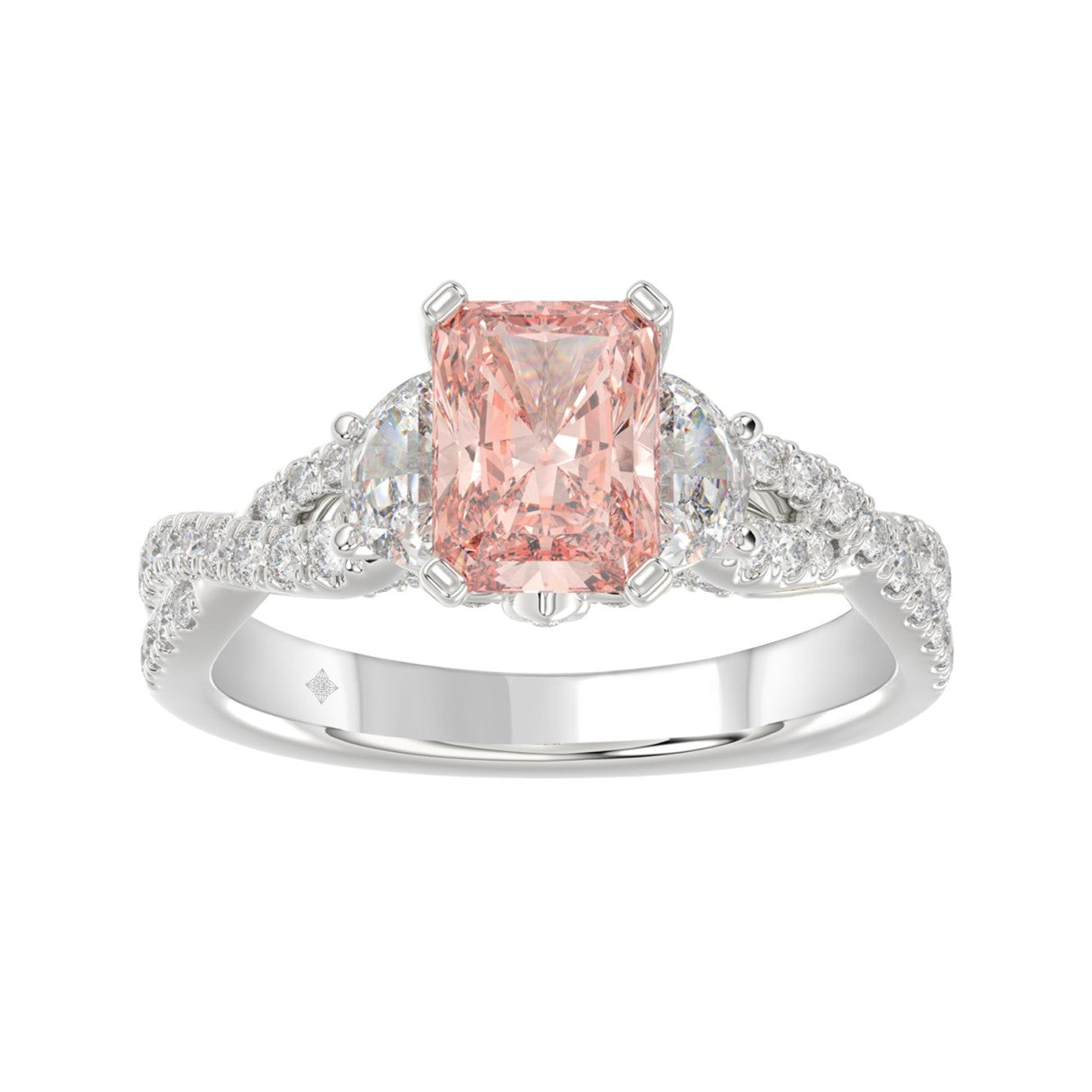 14K WHITE GOLD 3.00CT ROUND/HALF MOON/EMERALD DIAMOND LADIES RING (CENTER STONE EMERALD PINK DIAMOND 2.00CT)