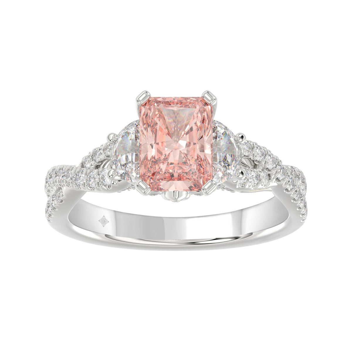 14K WHITE GOLD 3.00CT ROUND/HALF MOON/EMERALD DIAMOND LADIES RING (CENTER STONE EMERALD PINK DIAMOND 2.00CT)