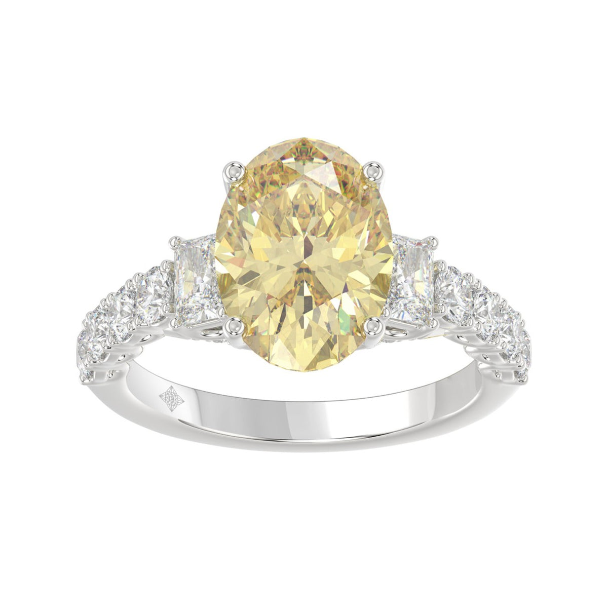 14K WHITE GOLD 4 1/4CT ROUND/EMERALD/OVAL DIAMOND LADIES RING  (CENTER STONE OVAL YELLOW DIAMOND 3.00CT)