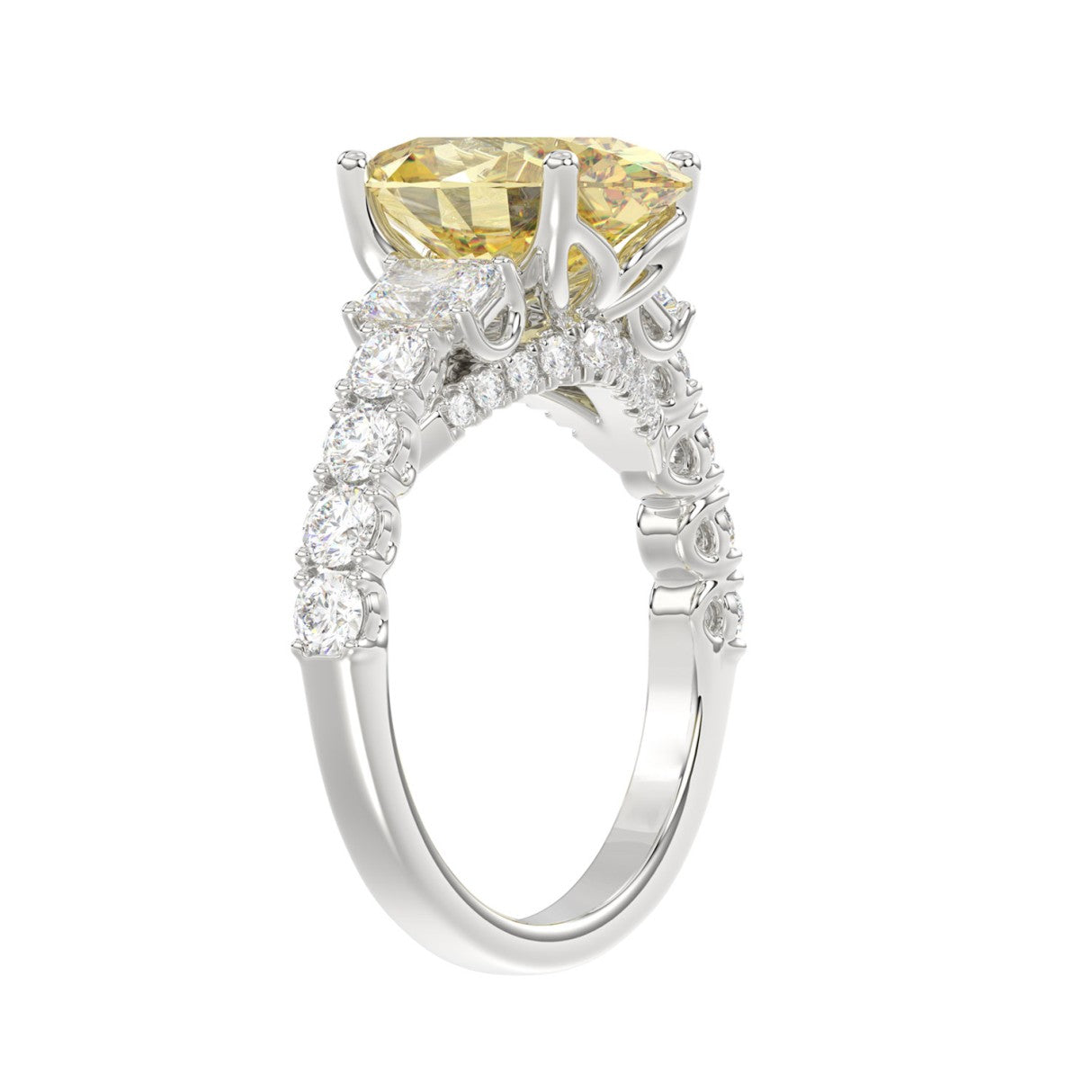14K WHITE GOLD 4 1/4CT ROUND/EMERALD/OVAL DIAMOND LADIES RING  (CENTER STONE OVAL YELLOW DIAMOND 3.00CT)