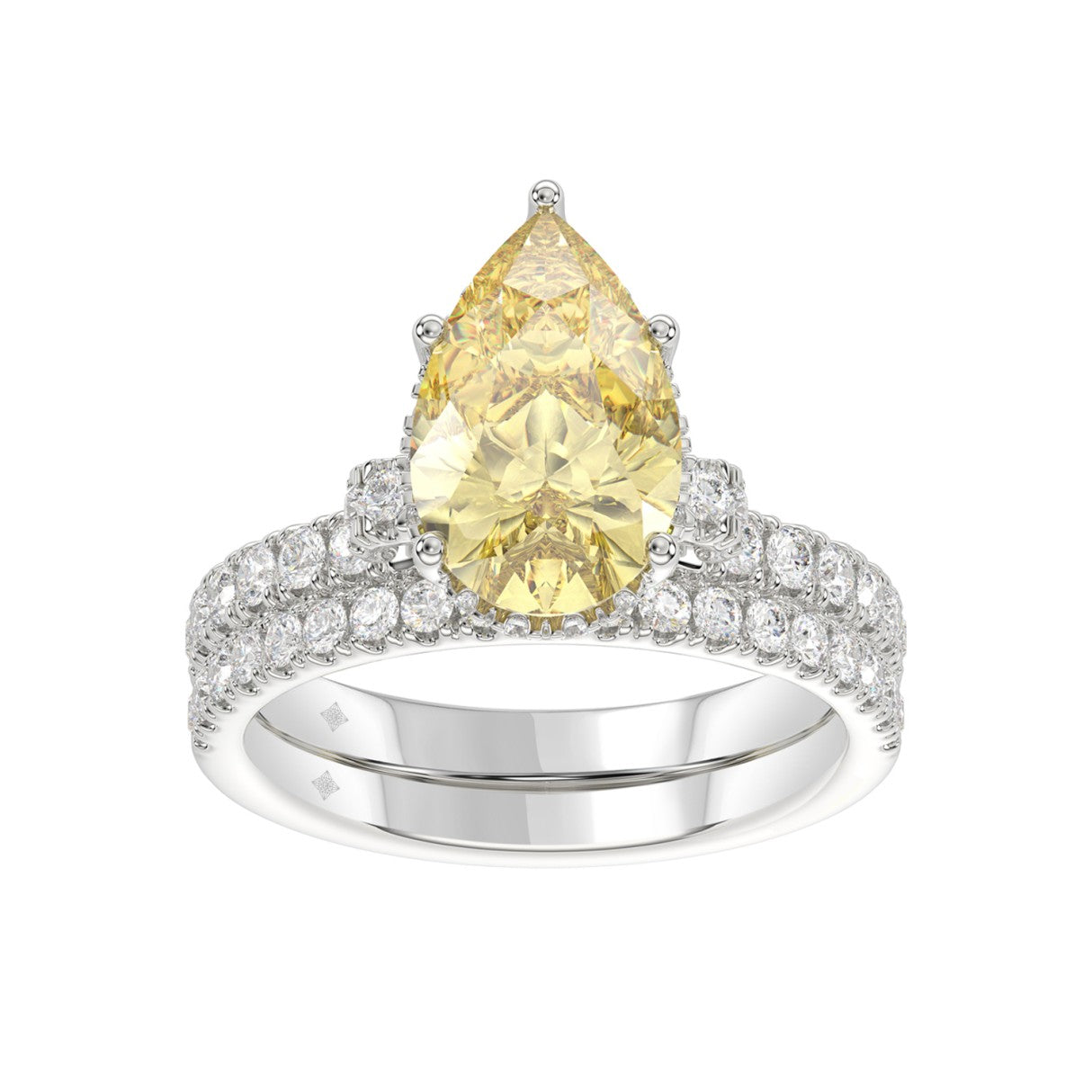 14K WHITE GOLD 3 3/4CT ROUND/PEAR DIAMOND LADIES BRIDAL SET (CENTER STONE PEAR YELLOW DIAMOND 3.00CT)