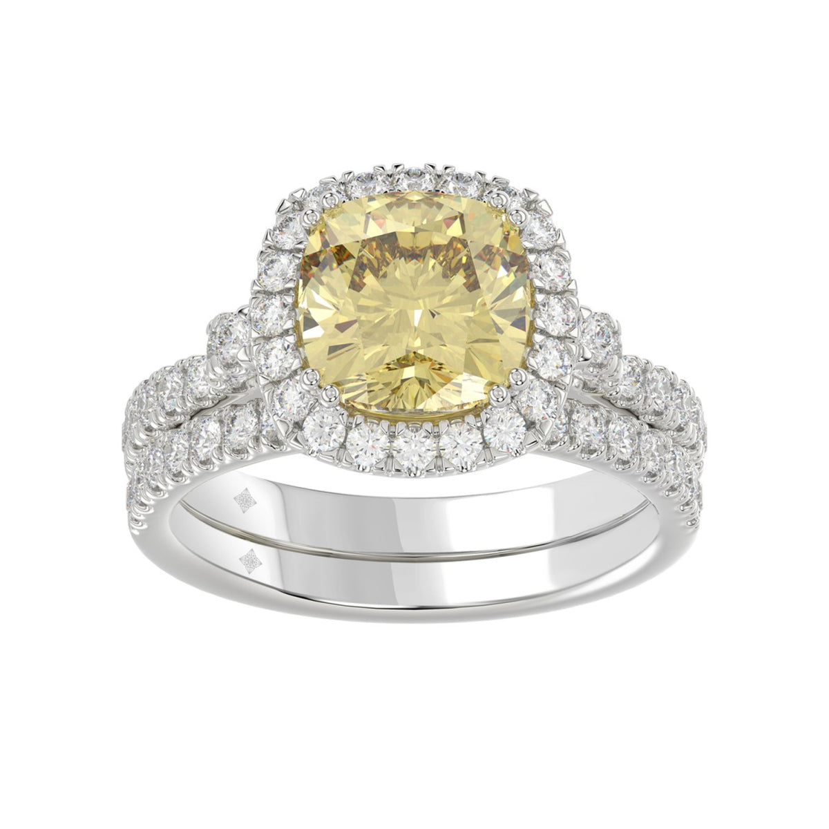 14K WHITE GOLD 3 3/4CT ROUND/CUSHION DIAMOND LADIES BRIDAL SET (CENTER STONE CUSHION YELLOW DIAMOND 3.00CT)