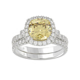 14K WHITE GOLD 3 3/4CT ROUND/CUSHION DIAMOND LADIES BRIDAL SET (CENTER STONE CUSHION YELLOW DIAMOND 3.00CT)