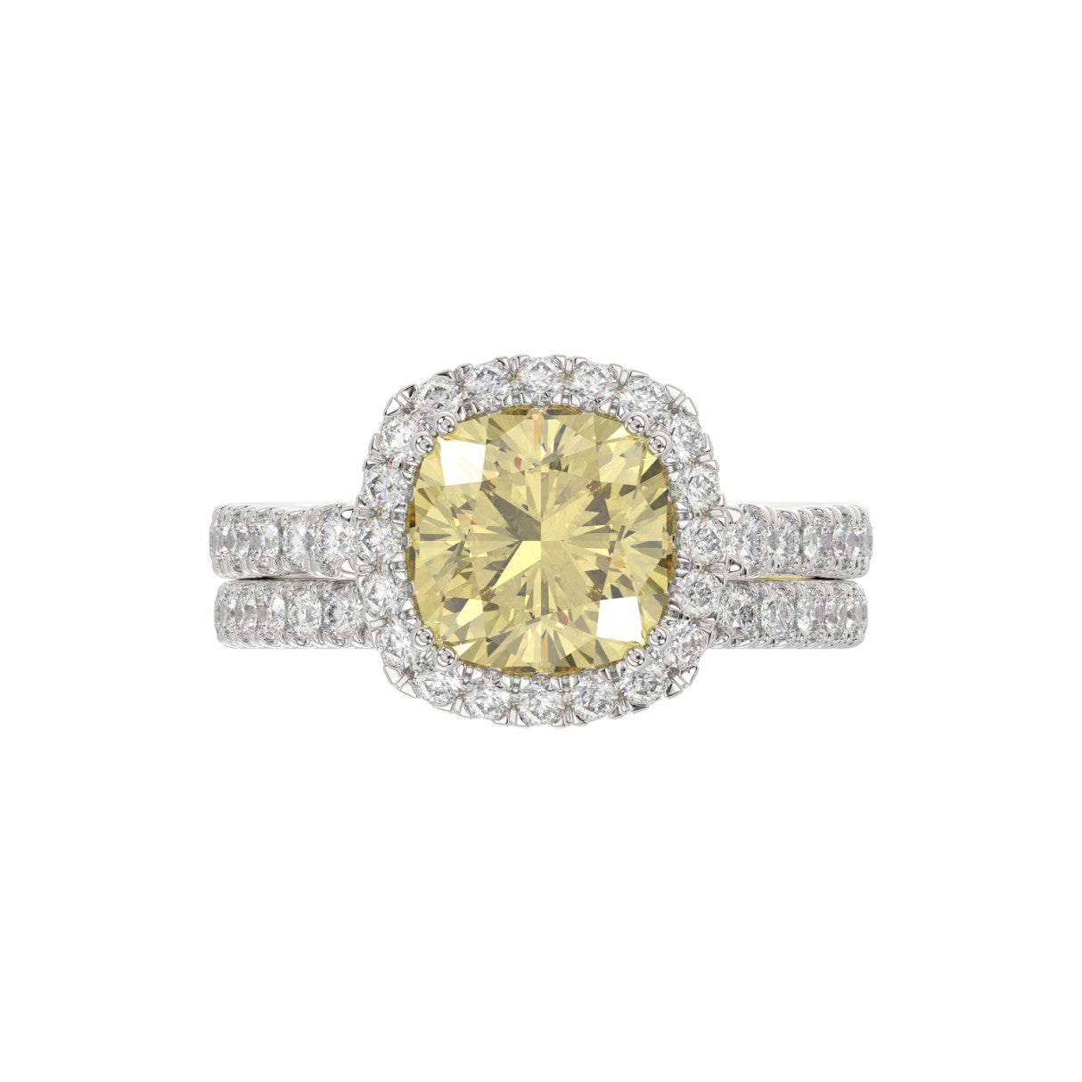 14K WHITE GOLD 3 3/4CT ROUND/CUSHION DIAMOND LADIES BRIDAL SET (CENTER STONE CUSHION YELLOW DIAMOND 3.00CT)