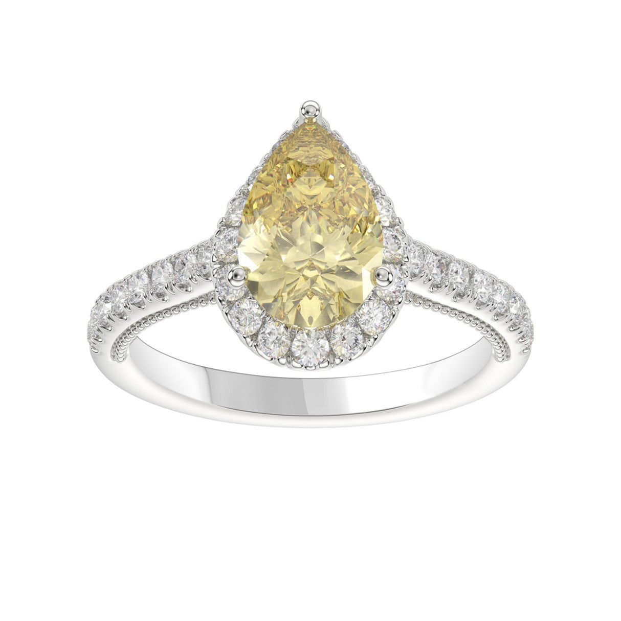 14K WHITE GOLD 2 1/2CT ROUND/PEAR DIMAOND LADIES RING (CENTER STONE PEAR YELLOW DIAMOND 2.00CT)