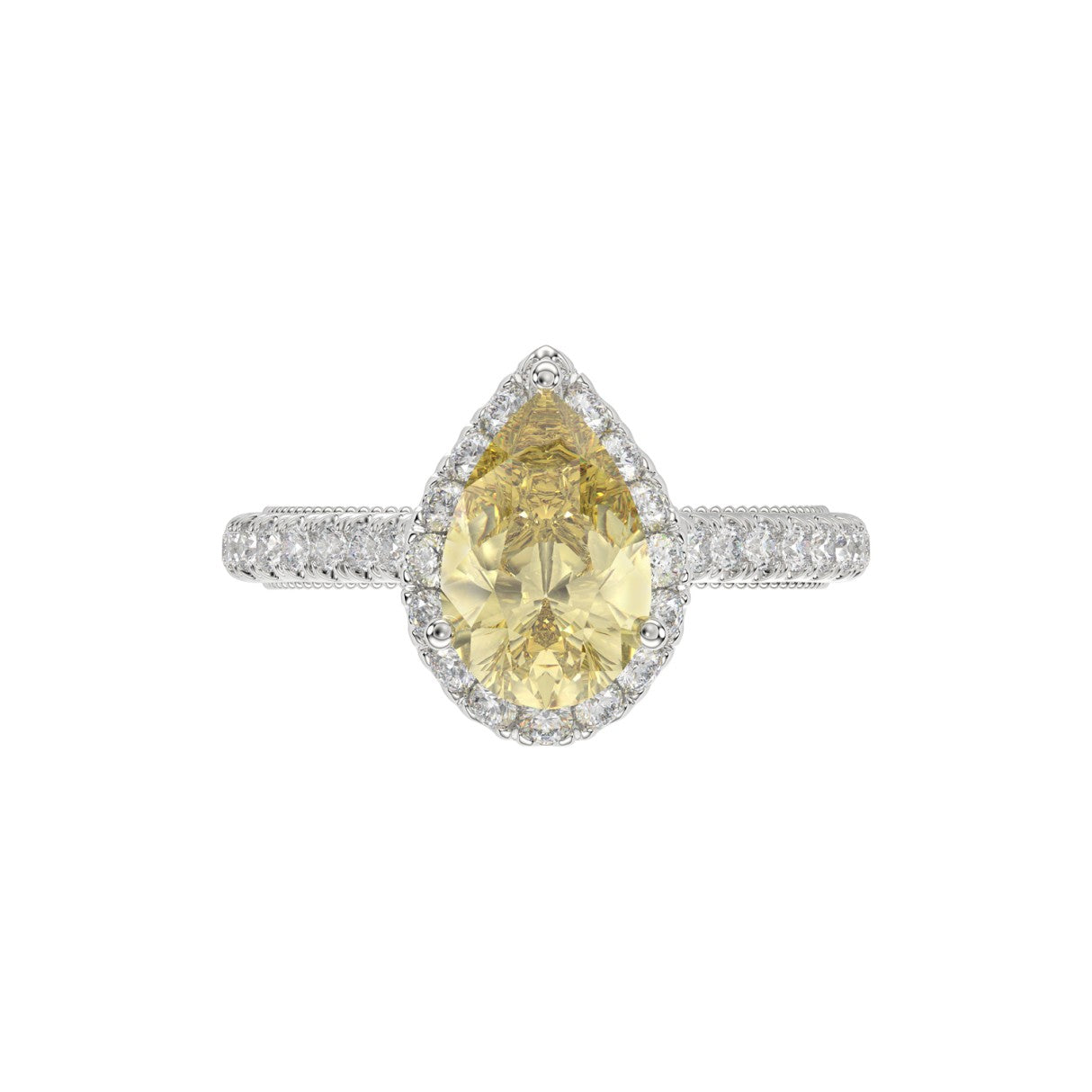 14K WHITE GOLD 2 1/2CT ROUND/PEAR DIMAOND LADIES RING (CENTER STONE PEAR YELLOW DIAMOND 2.00CT)