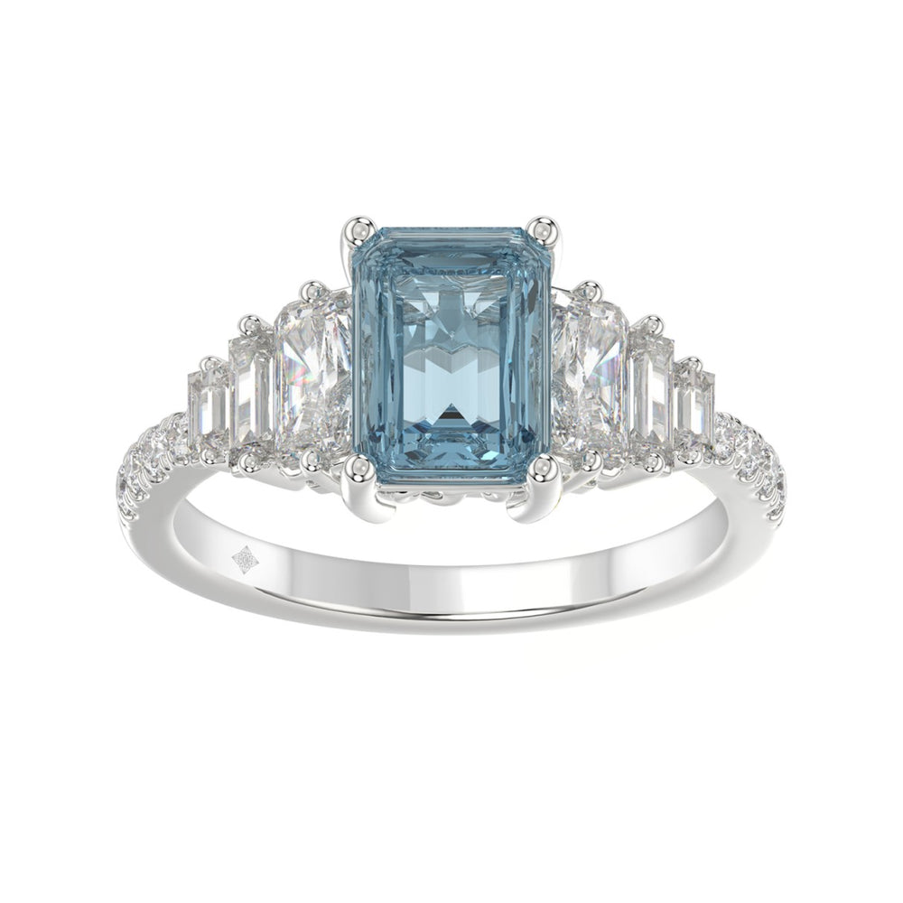 14K WHITE GOLD 3 1/4CT ROUND/BAGUETTE/EMERALD DIAMOND LADIES RING (CENTER STONE EMERALD BLUE DIAMOND 2.00CT)