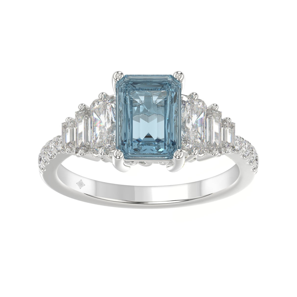 14K WHITE GOLD 3 1/4CT ROUND/BAGUETTE/EMERALD DIAMOND LADIES RING (CENTER STONE EMERALD BLUE DIAMOND 2.00CT)