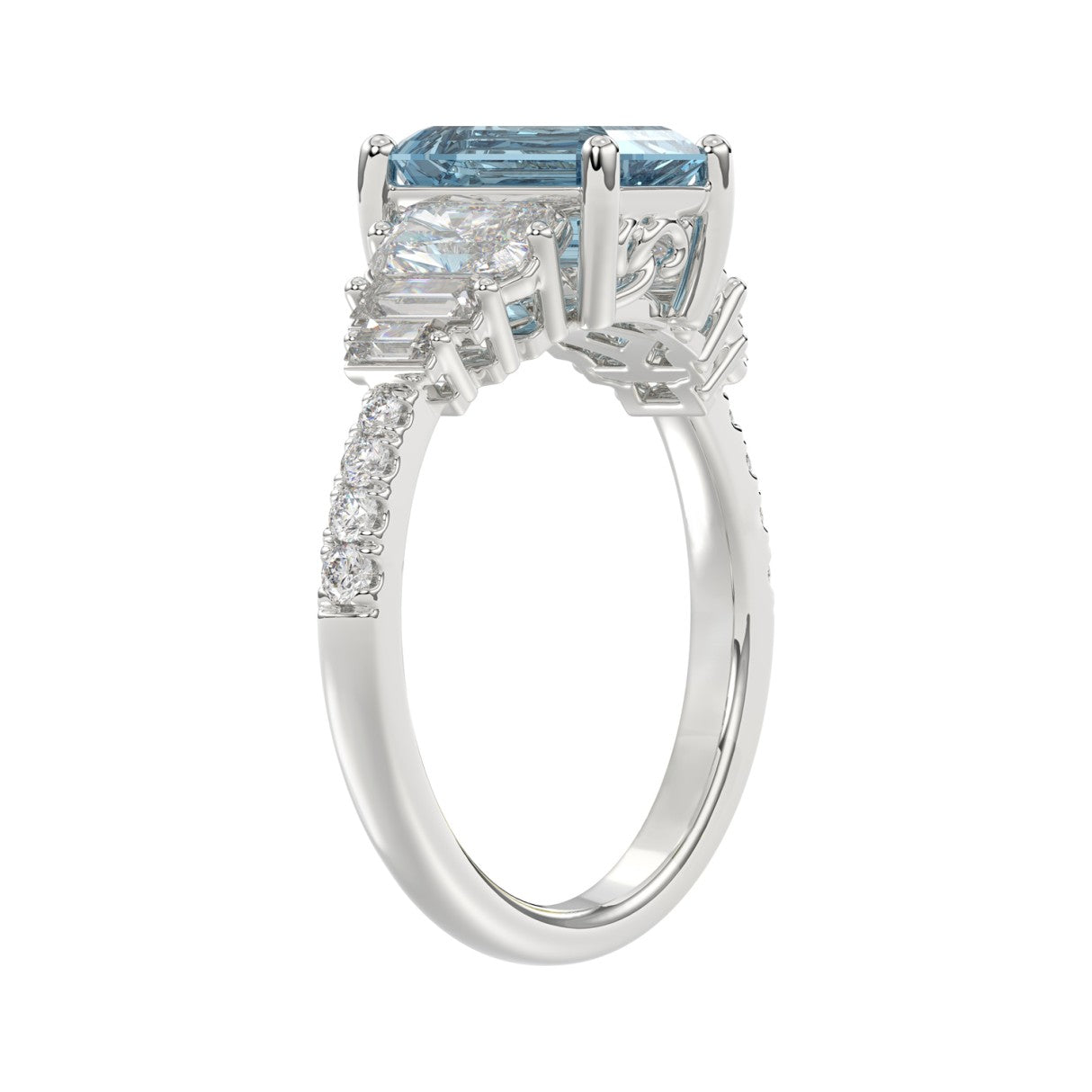 14K WHITE GOLD 3 1/4CT ROUND/BAGUETTE/EMERALD DIAMOND LADIES RING (CENTER STONE EMERALD BLUE DIAMOND 2.00CT)