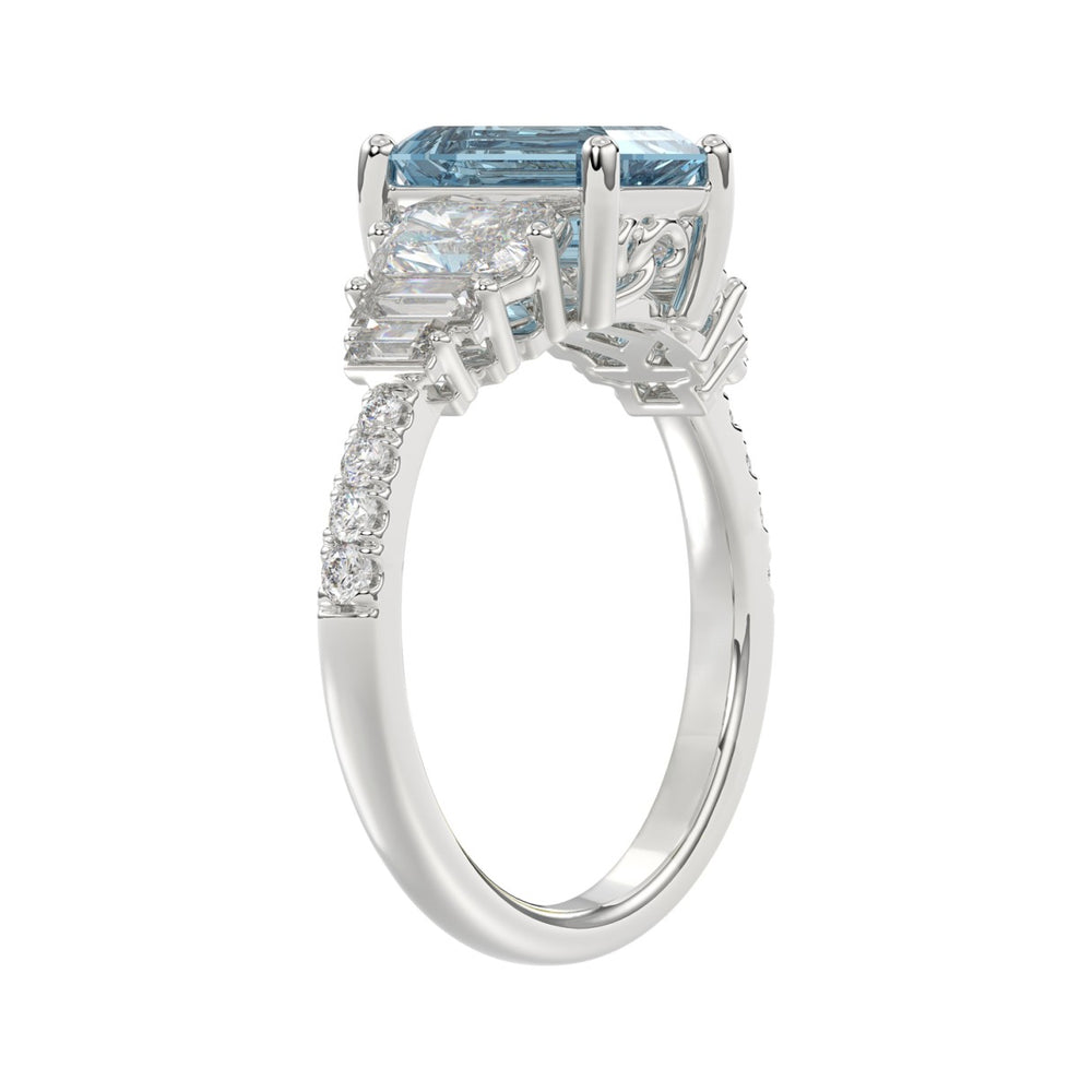 14K WHITE GOLD 3 1/4CT ROUND/BAGUETTE/EMERALD DIAMOND LADIES RING (CENTER STONE EMERALD BLUE DIAMOND 2.00CT)