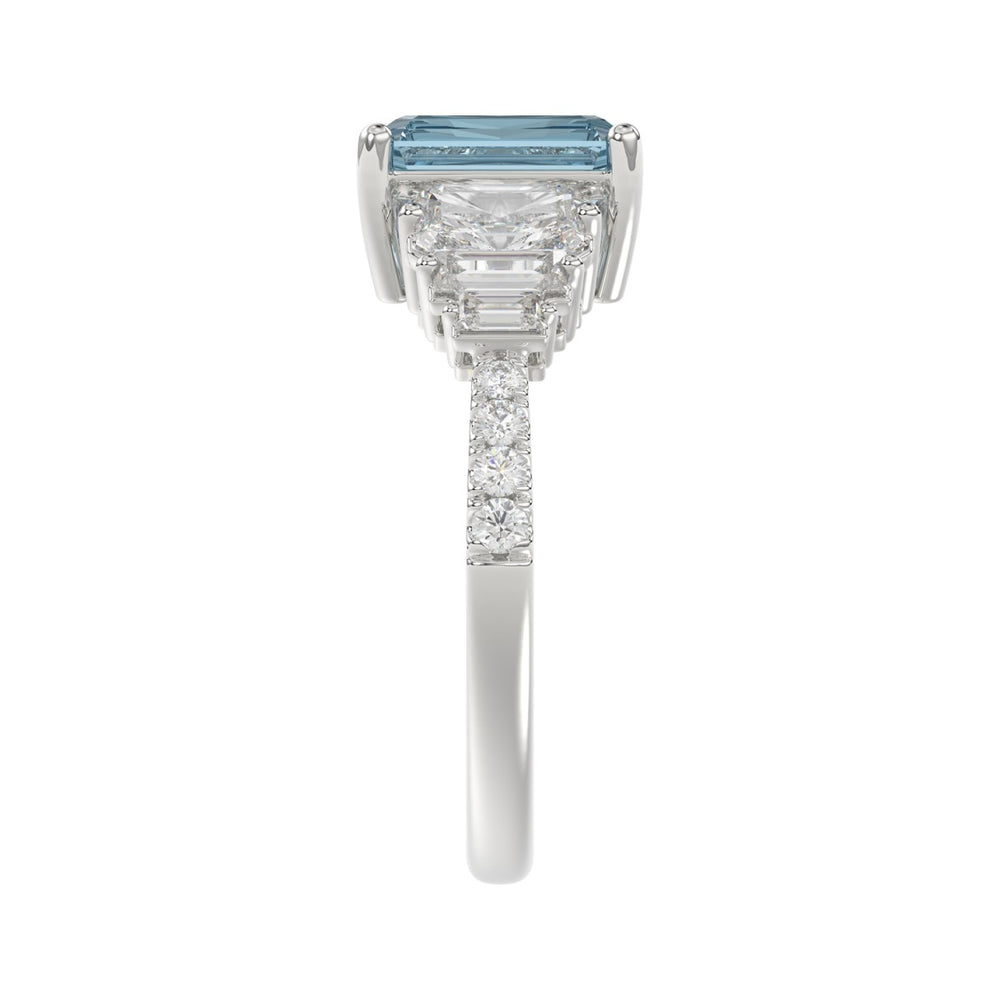 14K WHITE GOLD 3 1/4CT ROUND/BAGUETTE/EMERALD DIAMOND LADIES RING (CENTER STONE EMERALD BLUE DIAMOND 2.00CT)